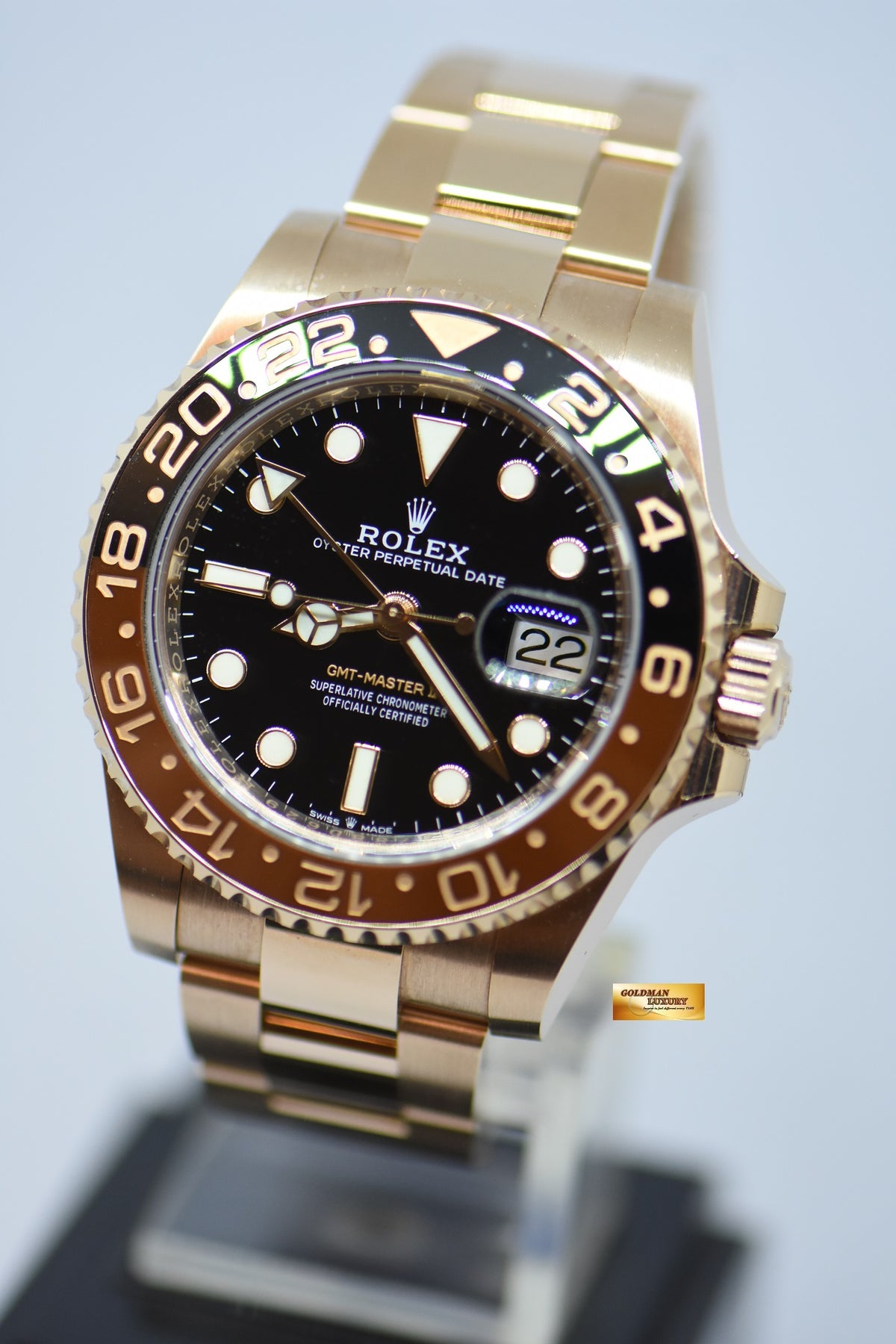 [SOLD] ROLEX OYSTER PERPETUAL GMT-MASTER II “ROOT BEER” EVEROSE GOLD IN BRACELET 126715CHNR (LNIB)