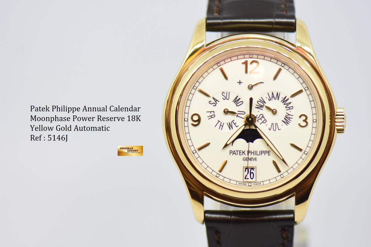 [SOLD] PATEK PHILIPPE COMPLICATIONS ANNUAL CALENDAR MOON-PHASE w/ POWER RESERVE 18K YELLOW GOLD AUTOMATIC 5146J (MINT)