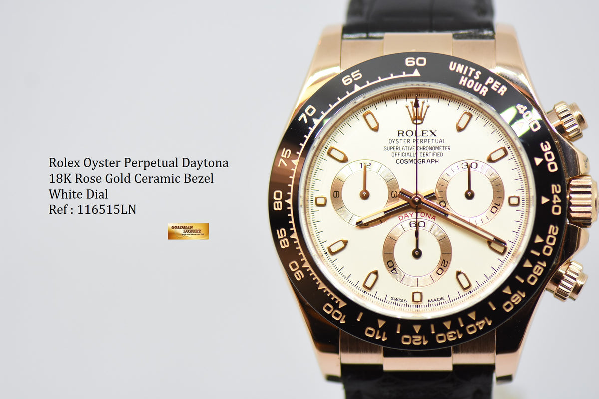 [SOLD] ROLEX OYSTER PERPETUAL DAYTONA ROSE GOLD IN LEATHER WHITE DIAL CERAMIC BEZEL 116515LN (MINT)