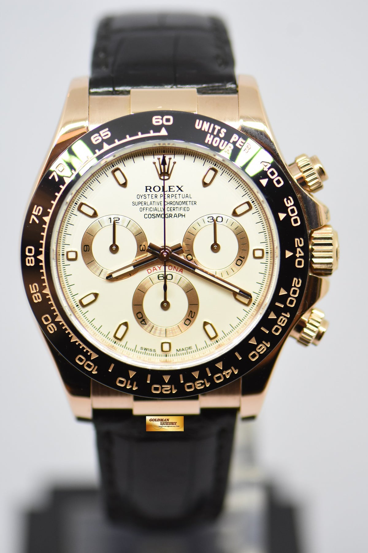 [SOLD] ROLEX OYSTER PERPETUAL DAYTONA ROSE GOLD IN LEATHER WHITE DIAL CERAMIC BEZEL 116515LN (MINT)