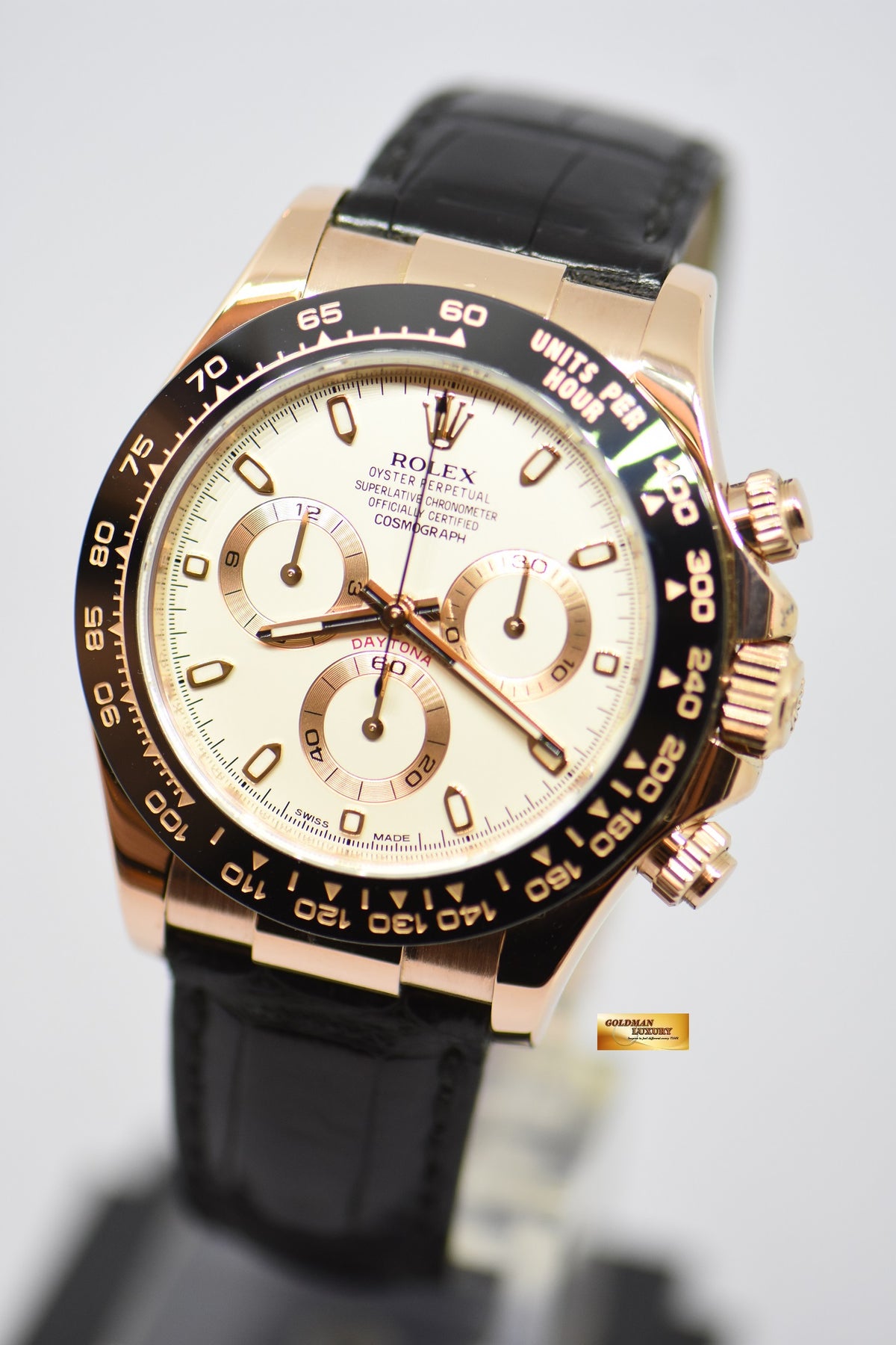 [SOLD] ROLEX OYSTER PERPETUAL DAYTONA ROSE GOLD IN LEATHER WHITE DIAL CERAMIC BEZEL 116515LN (MINT)
