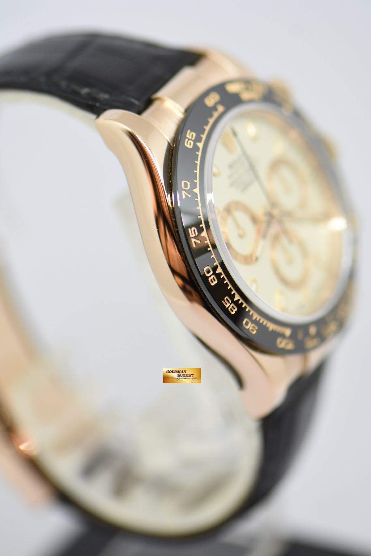 [SOLD] ROLEX OYSTER PERPETUAL DAYTONA ROSE GOLD IN LEATHER WHITE DIAL CERAMIC BEZEL 116515LN (MINT)