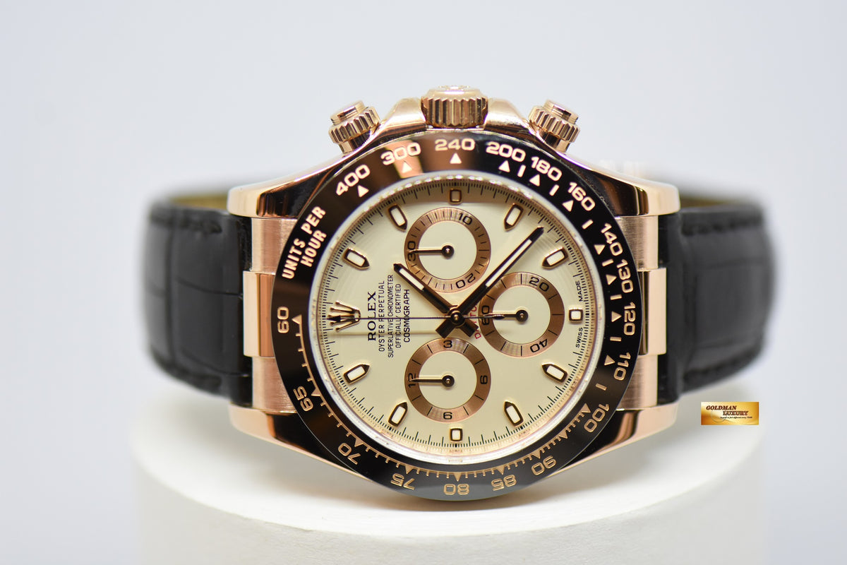 [SOLD] ROLEX OYSTER PERPETUAL DAYTONA ROSE GOLD IN LEATHER WHITE DIAL CERAMIC BEZEL 116515LN (MINT)
