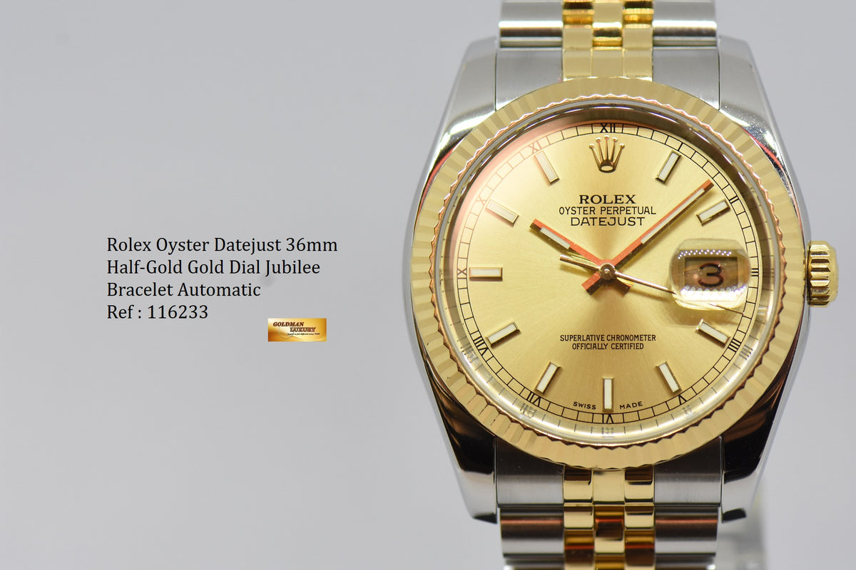 [SOLD] ROLEX OYSTER PERPETUAL DATEJUST 36 HALF-GOLD IN JUBILEE GOLD DIAL 116233 (MINT)