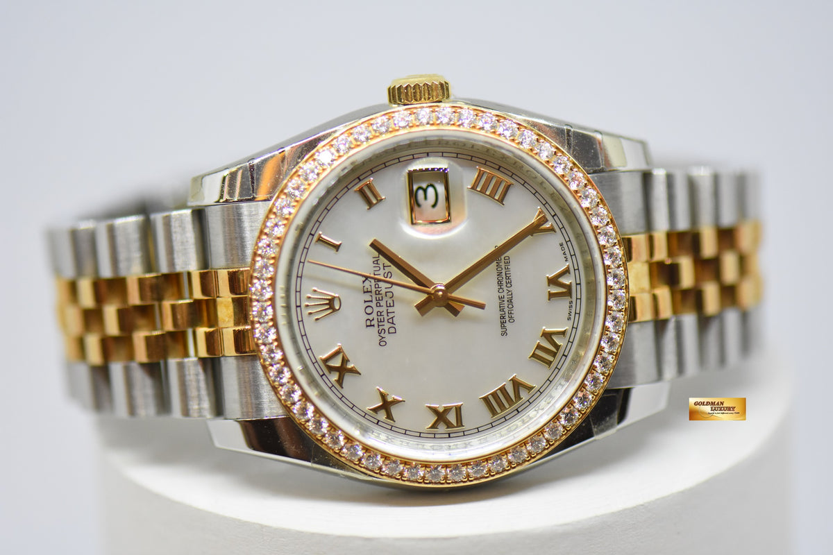 [SOLD] ROLEX OYSTER PERPETUAL DATEJUST 36mm HALF-GOLD MOP DIAL ORIGINAL DIAMOND BEZEL 116243 (NEAR MINT)