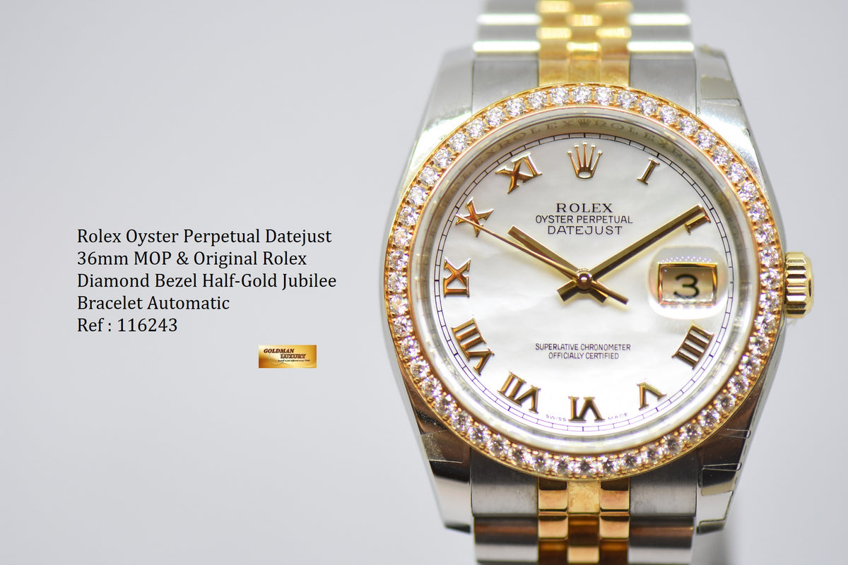 [SOLD] ROLEX OYSTER PERPETUAL DATEJUST 36mm HALF-GOLD MOP DIAL ORIGINAL DIAMOND BEZEL 116243 (NEAR MINT)