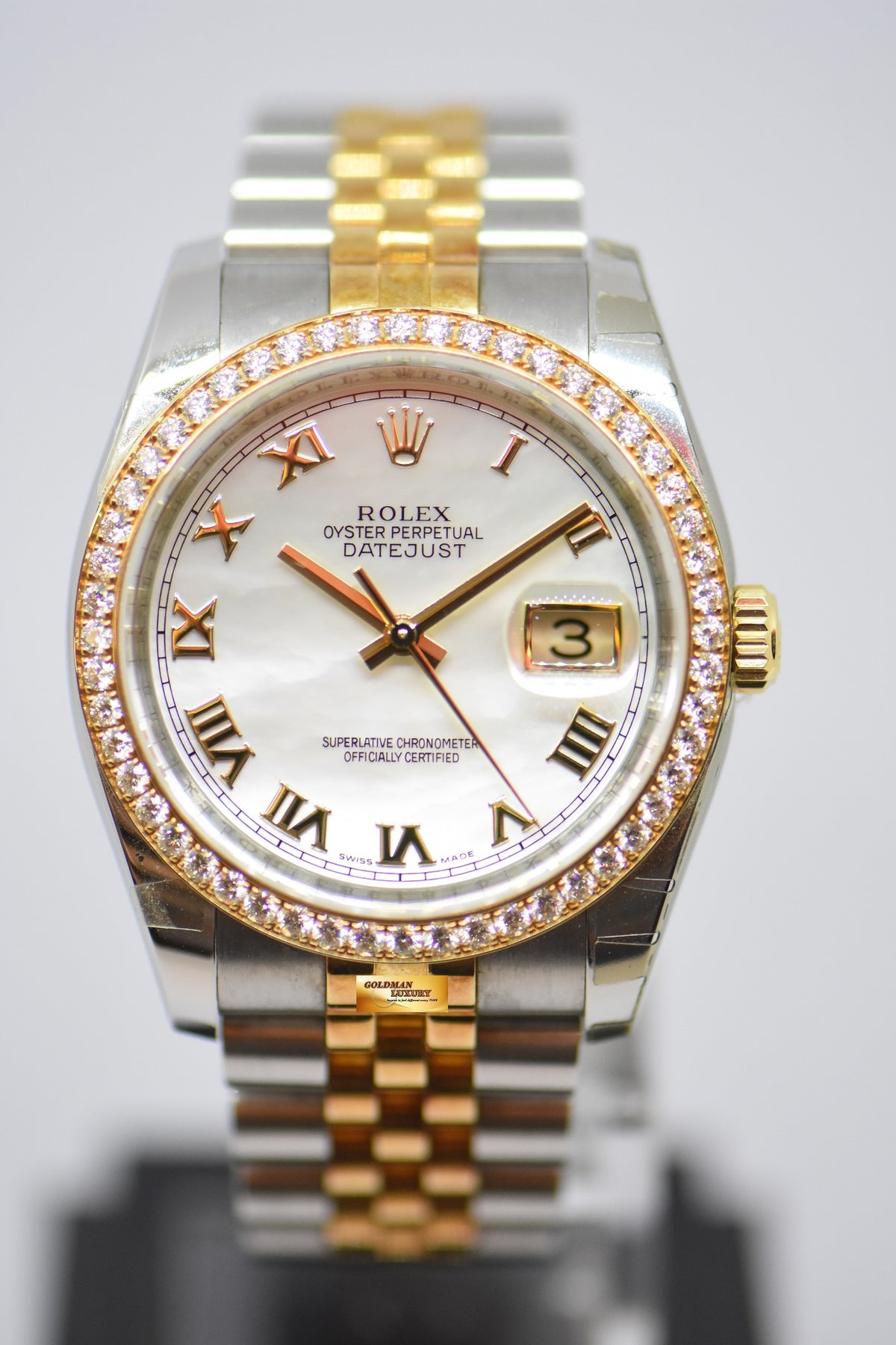 [SOLD] ROLEX OYSTER PERPETUAL DATEJUST 36mm HALF-GOLD MOP DIAL ORIGINAL DIAMOND BEZEL 116243 (NEAR MINT)