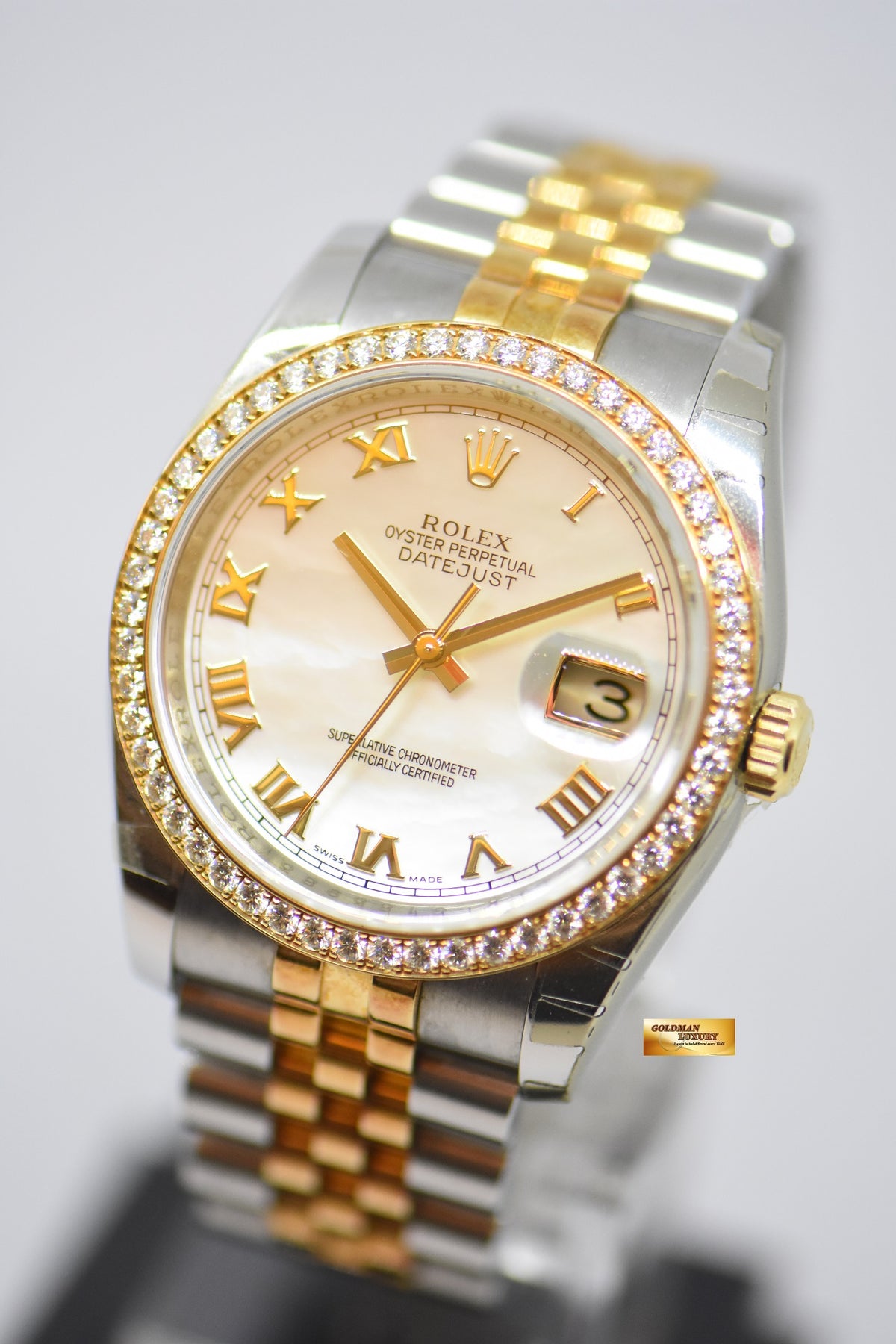 [SOLD] ROLEX OYSTER PERPETUAL DATEJUST 36mm HALF-GOLD MOP DIAL ORIGINAL DIAMOND BEZEL 116243 (NEAR MINT)