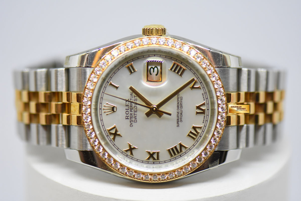 [SOLD] ROLEX OYSTER PERPETUAL DATEJUST 36mm HALF-GOLD MOP DIAL ORIGINAL DIAMOND BEZEL 116243 (NEAR MINT)