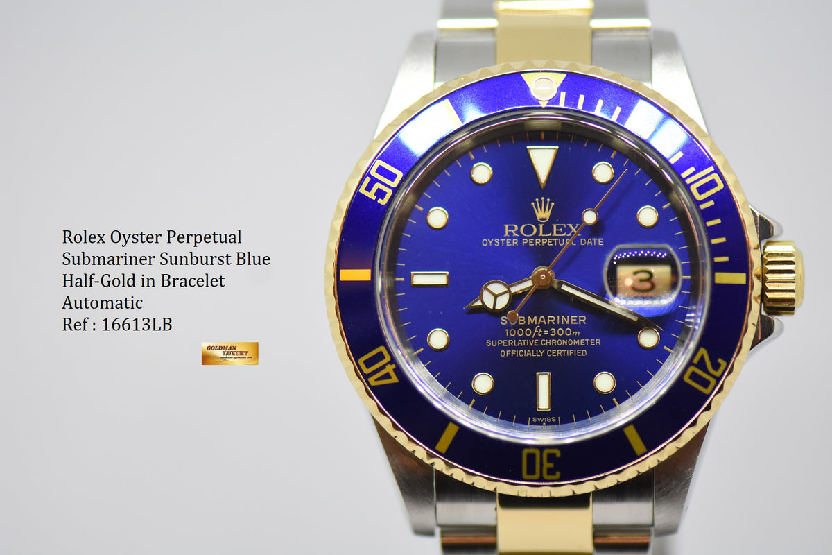 [SOLD] ROLEX OYSTER PERPETUAL SUBMARINER SUNBURST BLUE 40mm HALF-GOLD IN BRACELET 16613LB (MINT)
