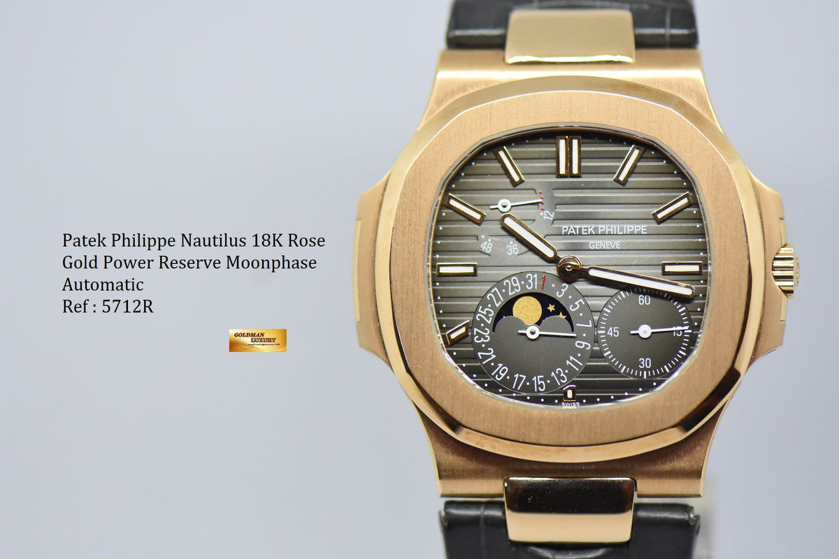 [SOLD] PATEK PHILIPPE NAUTILUS 18K ROSE GOLD IN LEATHER STRAP POWER RESERVE MOONPHASE 5712R (MINT)