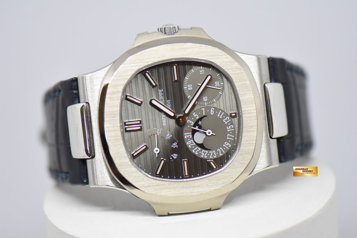 [SOLD] PATEK PHILIPPE NAUTILUS 18K WHITE GOLD IN LEATHER STRAP POWER RESERVE MOONPHASE 5712G (NEAR MINT)