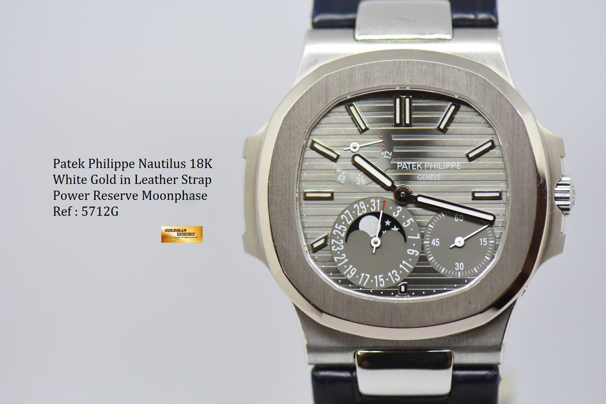 [SOLD] PATEK PHILIPPE NAUTILUS 18K WHITE GOLD IN LEATHER STRAP POWER RESERVE MOONPHASE 5712G (NEAR MINT)