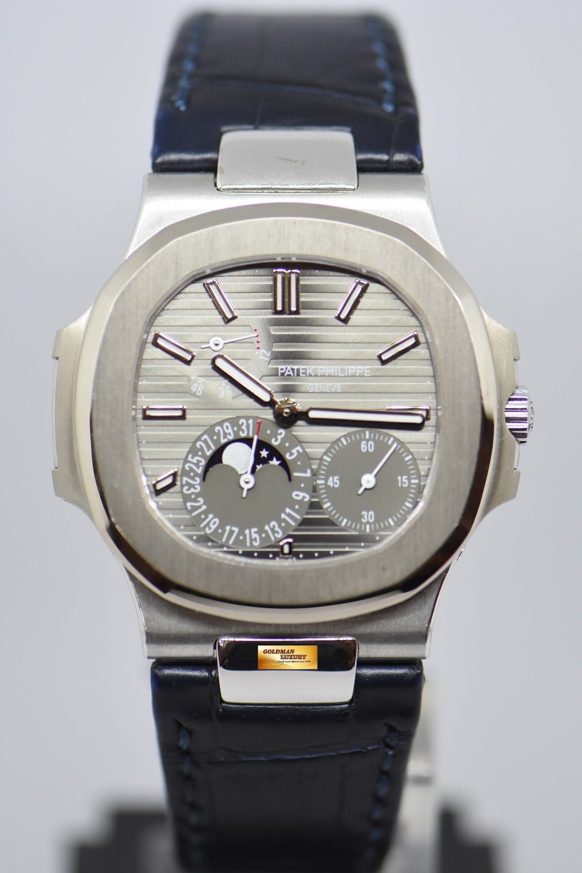 [SOLD] PATEK PHILIPPE NAUTILUS 18K WHITE GOLD IN LEATHER STRAP POWER RESERVE MOONPHASE 5712G (NEAR MINT)
