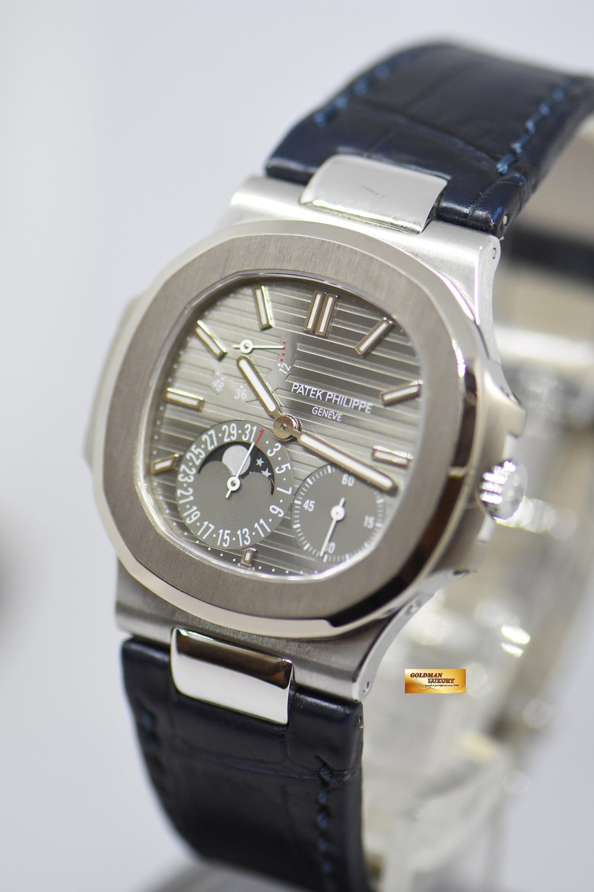 [SOLD] PATEK PHILIPPE NAUTILUS 18K WHITE GOLD IN LEATHER STRAP POWER RESERVE MOONPHASE 5712G (NEAR MINT)