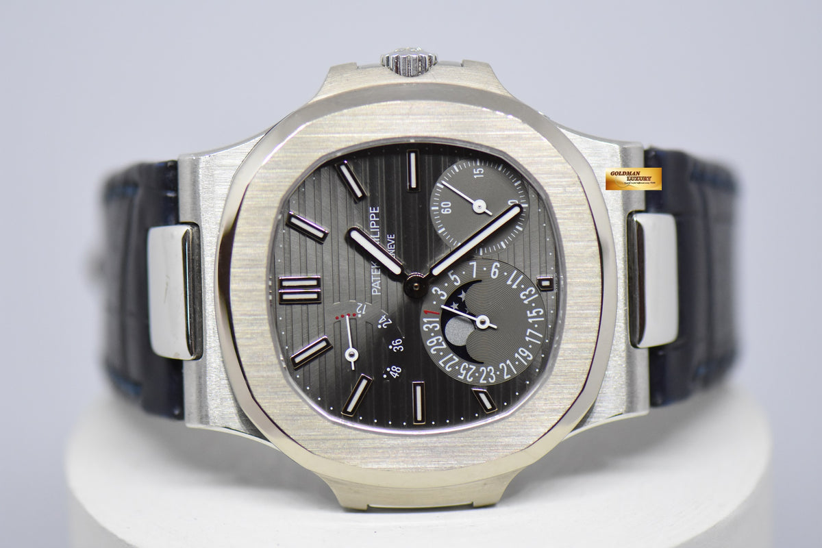 [SOLD] PATEK PHILIPPE NAUTILUS 18K WHITE GOLD IN LEATHER STRAP POWER RESERVE MOONPHASE 5712G (NEAR MINT)