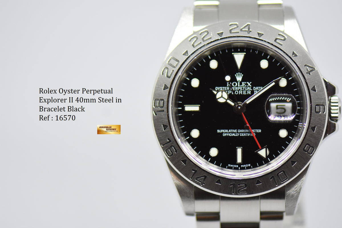 [SOLD] ROLEX OYSTER PERPETUAL EXPLORER II 40mm STEEL IN BRACELET BLACK 16570 (PINHOLE-SOLID ENDLINK) (NEAR MINT)