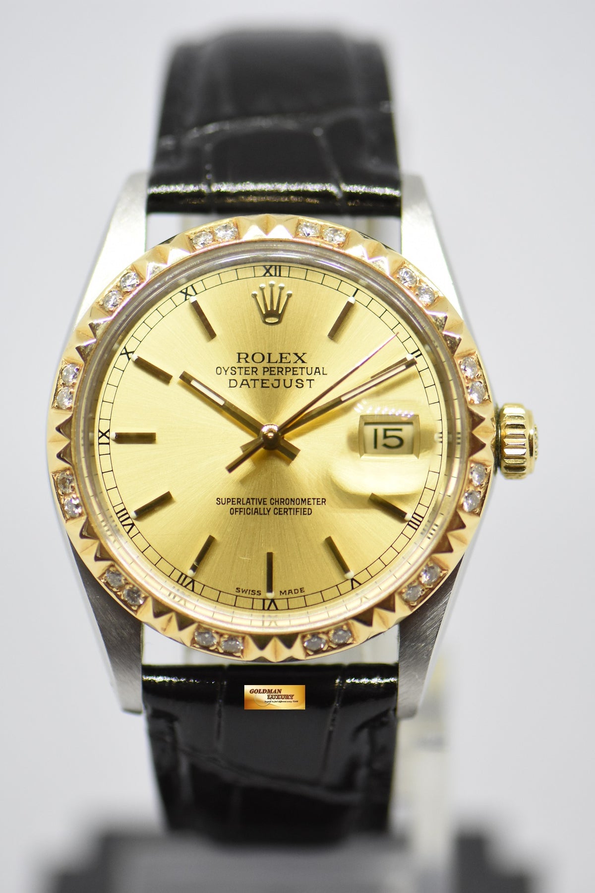 [SOLD] ROLEX OYSTER DATEJUST 36mm HALF-GOLD QUICKSET DATE GOLD DIAL CUSTOM DIAMOND BEZEL 16013 (HEAD ONLY) (VINTAGE)