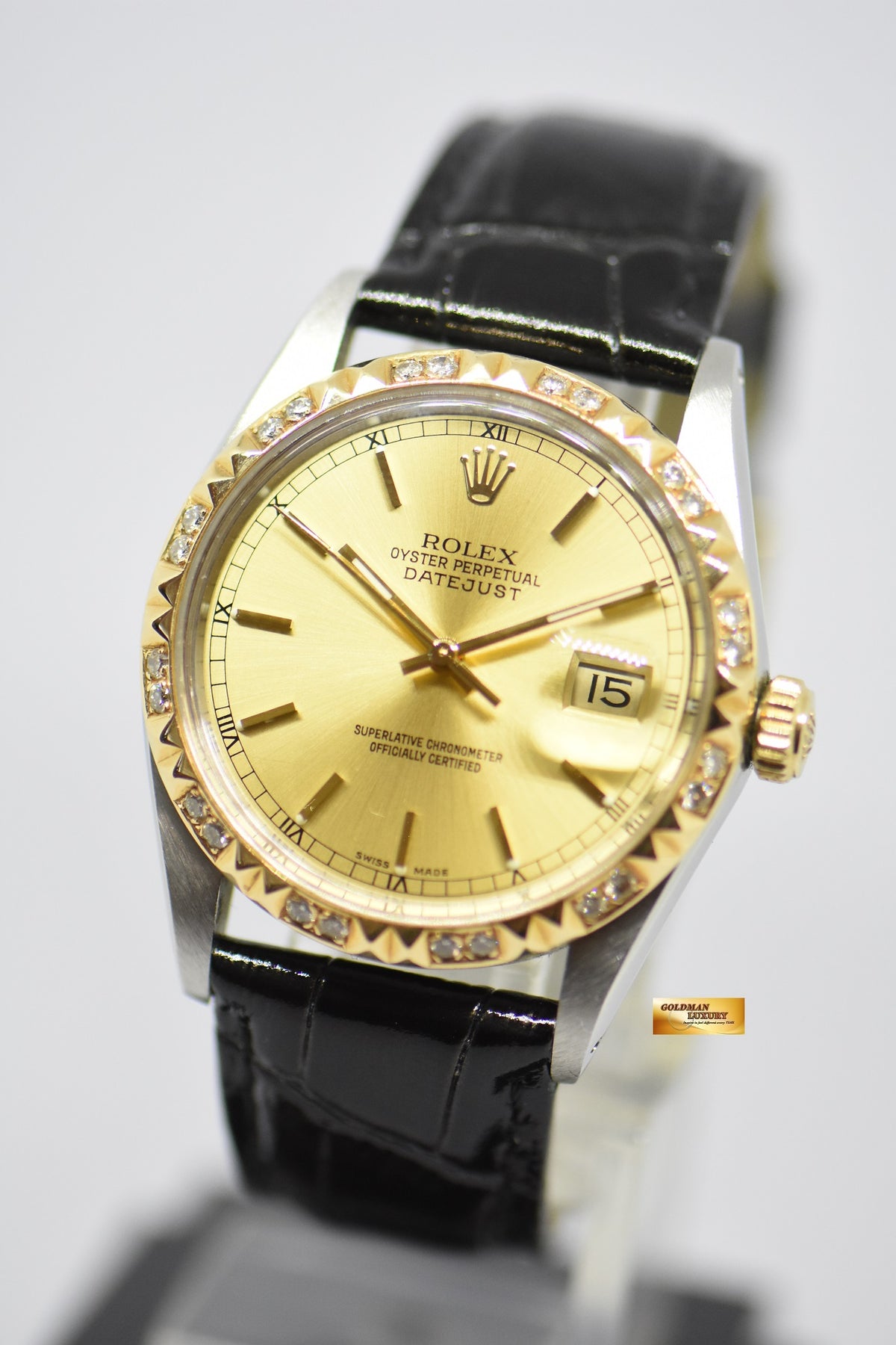 [SOLD] ROLEX OYSTER DATEJUST 36mm HALF-GOLD QUICKSET DATE GOLD DIAL CUSTOM DIAMOND BEZEL 16013 (HEAD ONLY) (VINTAGE)