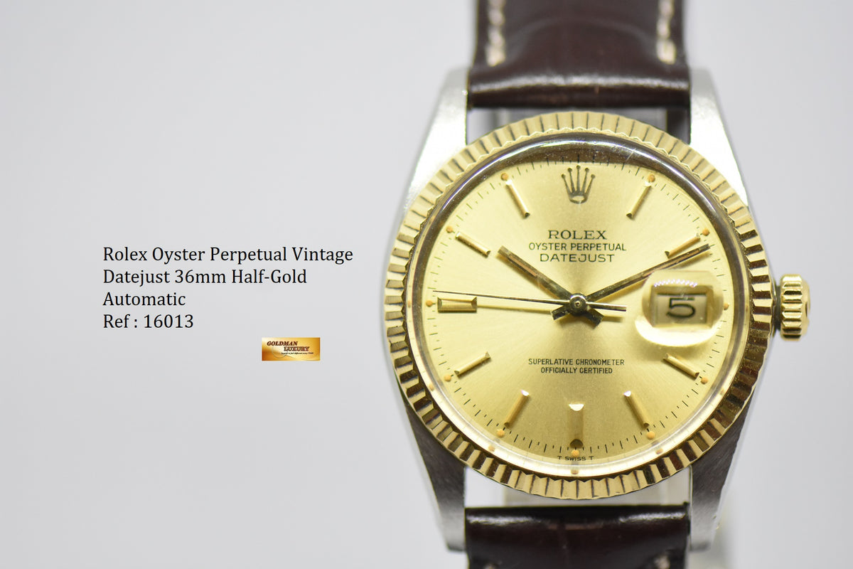 [SOLD] ROLEX OYSTER DATEJUST 36mm HALF-GOLD QUICKSET DATE GOLD DIAL 16013 (HEAD ONLY) (VINTAGE)