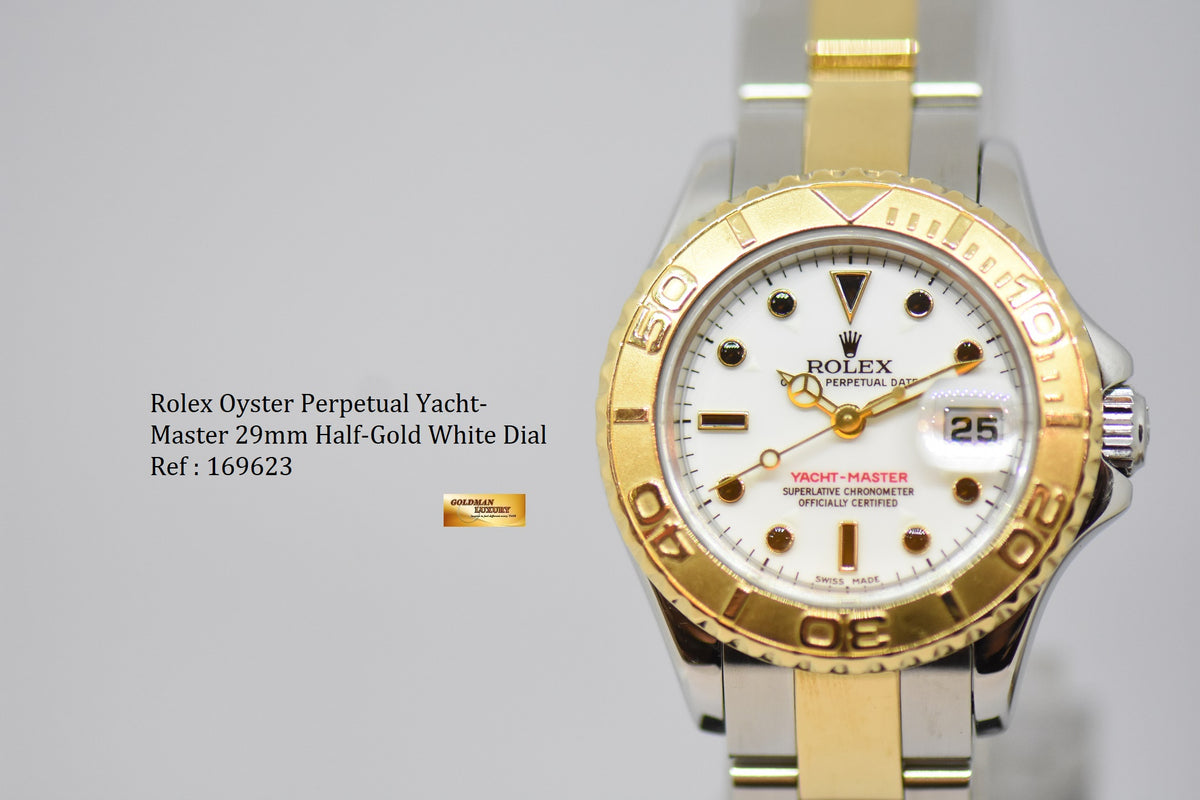 [SOLD] ROLEX OYSTER PERPETUAL YACHT-MASTER 29mm HALF-GOLD WHITE DIAL 169623 (MINT)