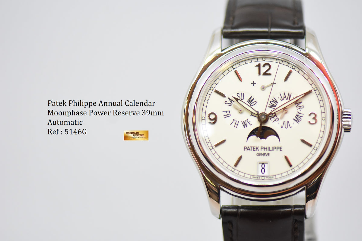 [SOLD] PATEK PHILIPPE COMPLICATIONS ANNUAL CALENDAR MOON-PHASE w/ POWER RESERVE 18K WHITE GOLD AUTOMATIC 5146G (MINT)