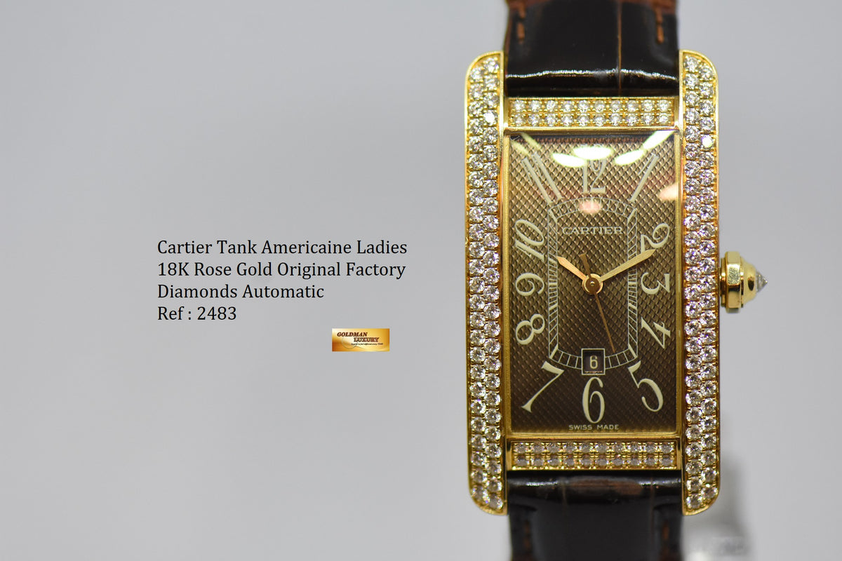 [SOLD] CARTIER TANK AMERICAINE LADIES 18K ROSE GOLD ORIGINAL FACTORY DIAMONDS AUTOMATIC 2483 (MINT)