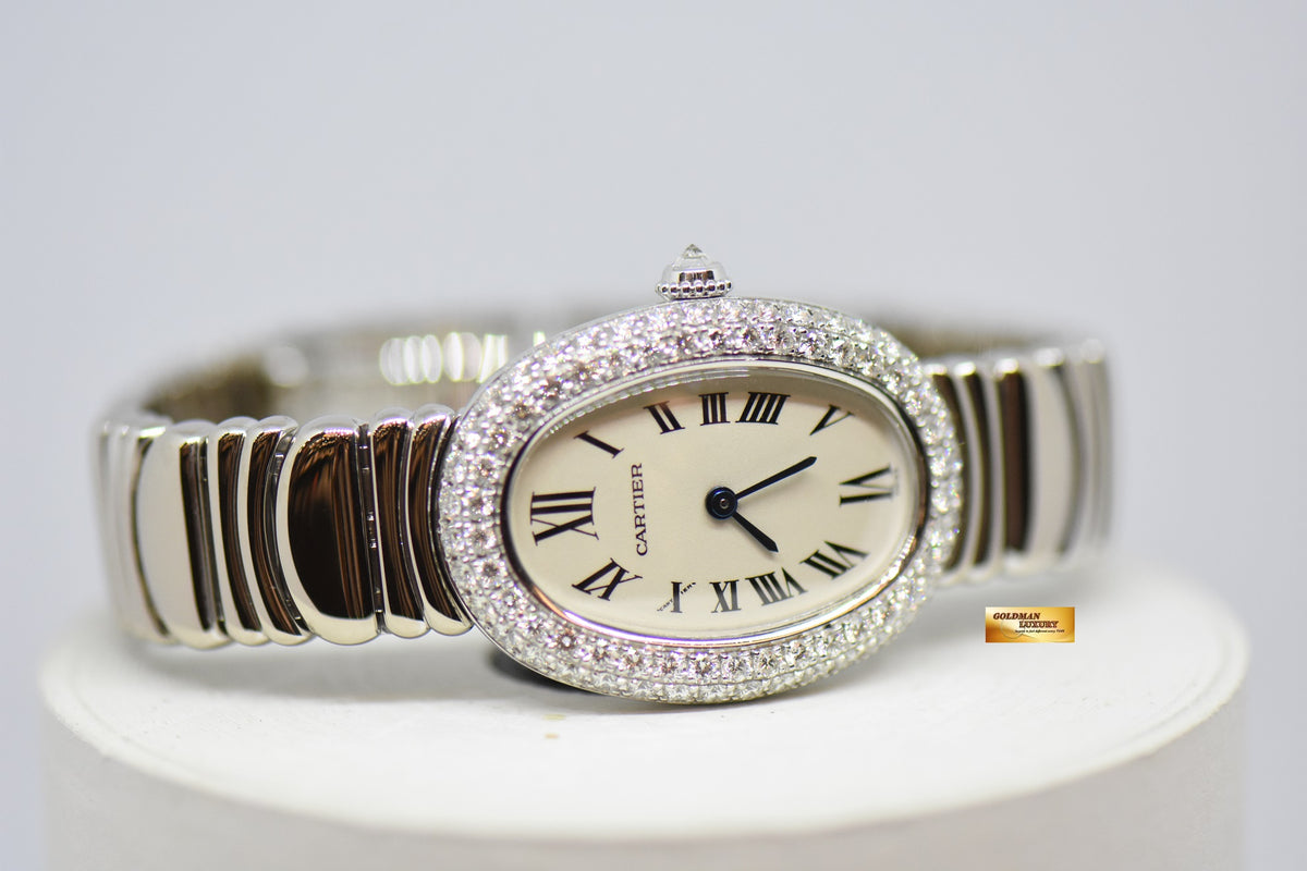 [SOLD] CARTIER BAIGNOIRE LADIES 18K WHITE GOLD ORIGINAL FACTORY DIAMONDS QUARTZ 1955 (MINT)