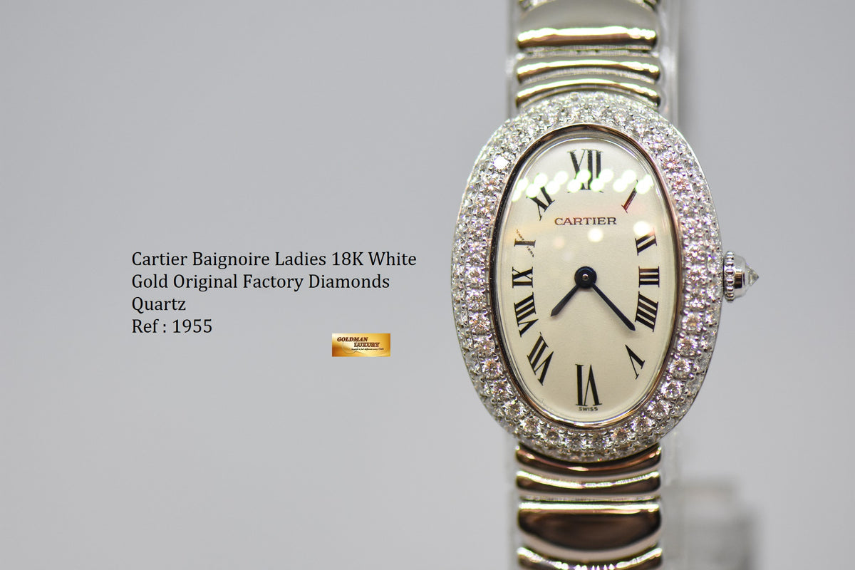 [SOLD] CARTIER BAIGNOIRE LADIES 18K WHITE GOLD ORIGINAL FACTORY DIAMONDS QUARTZ 1955 (MINT)