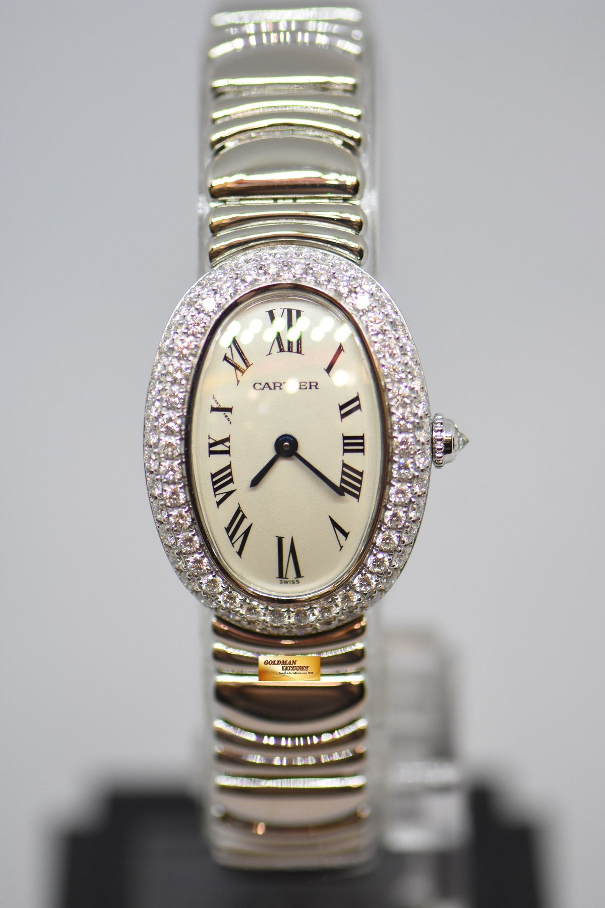 [SOLD] CARTIER BAIGNOIRE LADIES 18K WHITE GOLD ORIGINAL FACTORY DIAMONDS QUARTZ 1955 (MINT)
