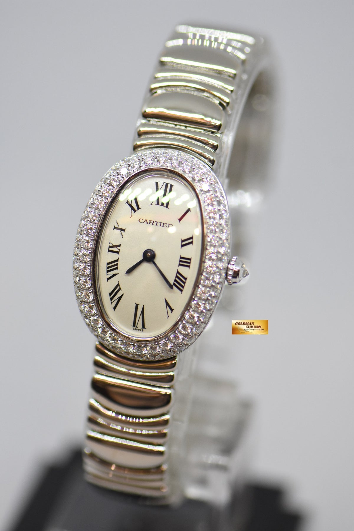 [SOLD] CARTIER BAIGNOIRE LADIES 18K WHITE GOLD ORIGINAL FACTORY DIAMONDS QUARTZ 1955 (MINT)