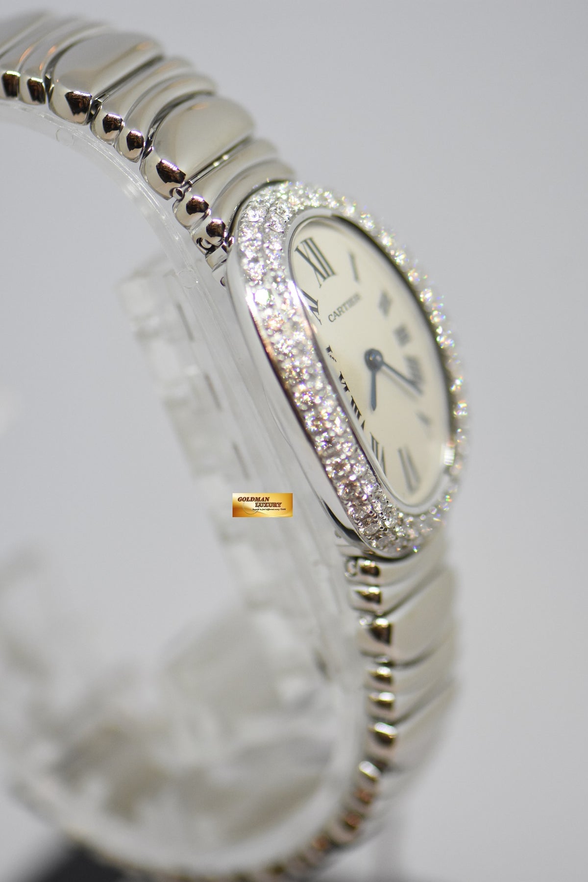 [SOLD] CARTIER BAIGNOIRE LADIES 18K WHITE GOLD ORIGINAL FACTORY DIAMONDS QUARTZ 1955 (MINT)