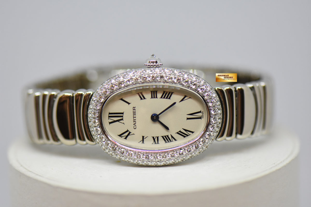 [SOLD] CARTIER BAIGNOIRE LADIES 18K WHITE GOLD ORIGINAL FACTORY DIAMONDS QUARTZ 1955 (MINT)