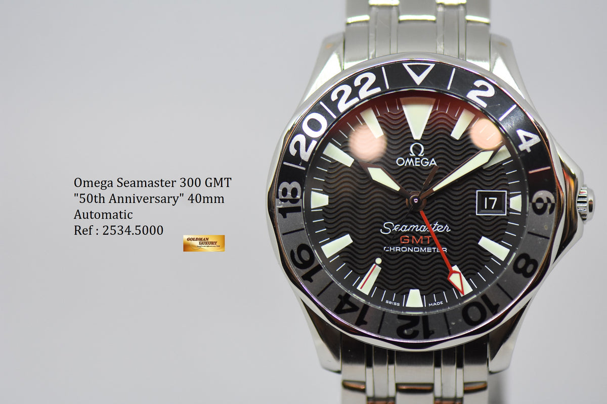[SOLD] OMEGA SEAMASTER 300 GMT “50TH ANNIVERSARY” STEEL IN BRACELET BLACK DIAL AUTOMATIC 2534.5000 (NEAR MINT)