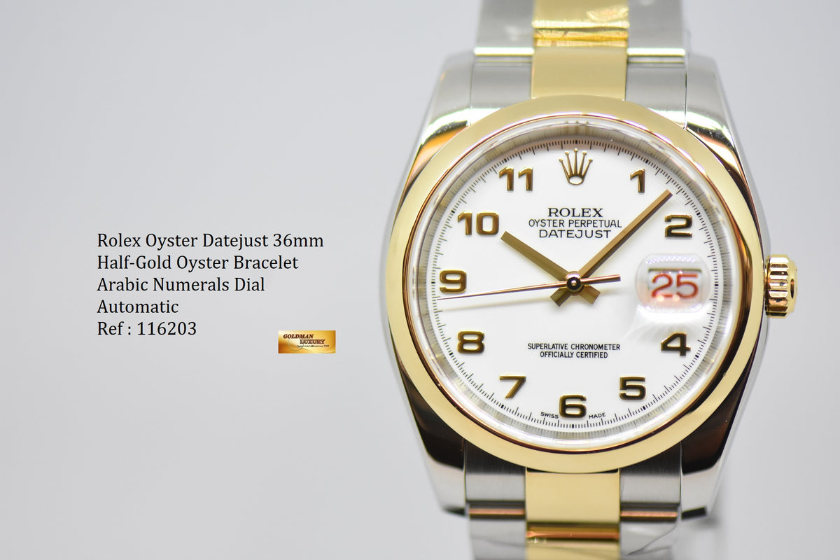 [SOLD] ROLEX OYSTER DATEJUST 36mm ARABIC NUMERAL DIAL HALF-GOLD OYSTER BRACELET AUTOMATIC 116203 (LNIB)