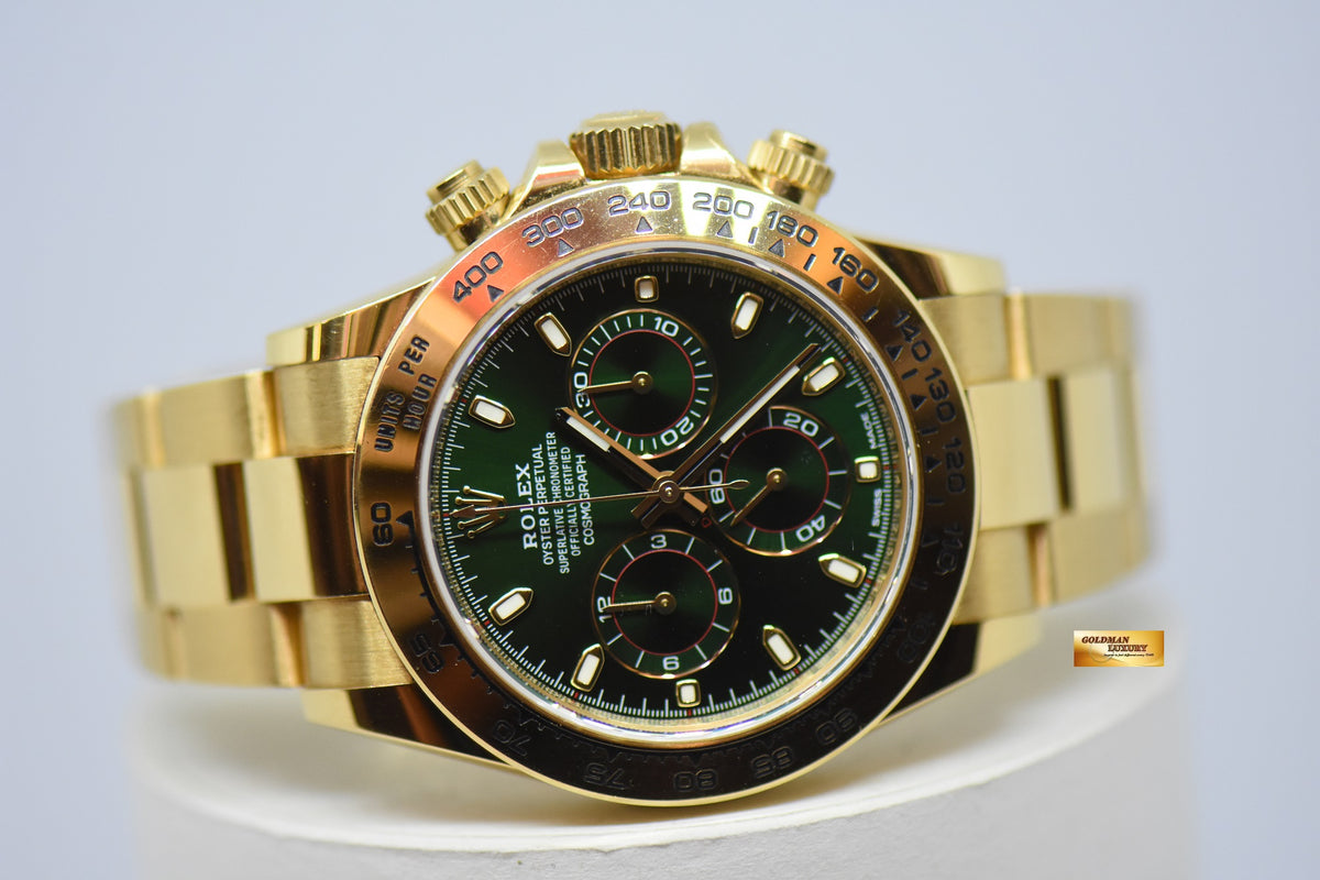 [SOLD] ROLEX OYSTER PERPETUAL DAYTONA CHRONOGRAPH 40mm GOLD IN BRACELET EMERALD GREEN DIAL 116508 (UNPOLISHED SET)