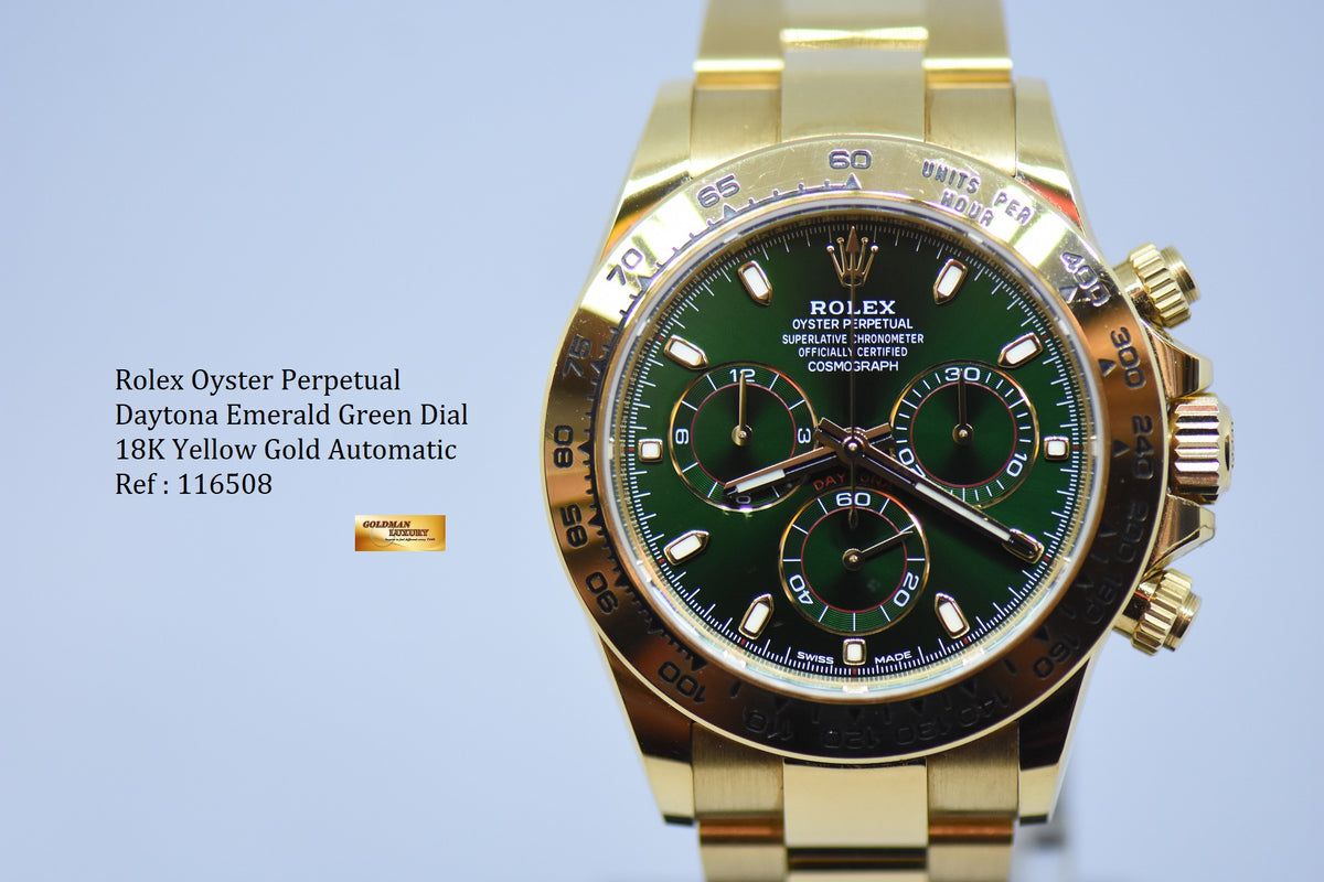 [SOLD] ROLEX OYSTER PERPETUAL DAYTONA CHRONOGRAPH 40mm GOLD IN BRACELET EMERALD GREEN DIAL 116508 (UNPOLISHED SET)