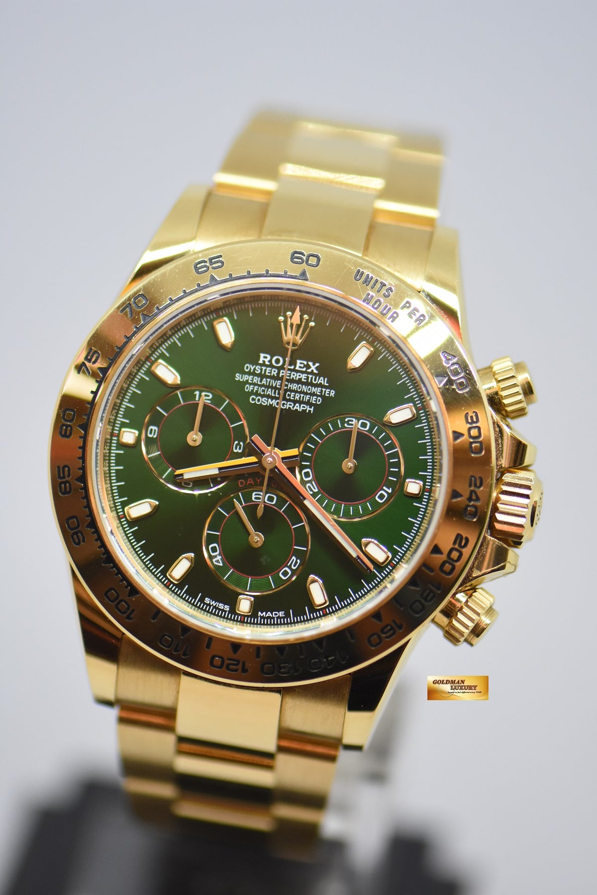 [SOLD] ROLEX OYSTER PERPETUAL DAYTONA CHRONOGRAPH 40mm GOLD IN BRACELET EMERALD GREEN DIAL 116508 (UNPOLISHED SET)
