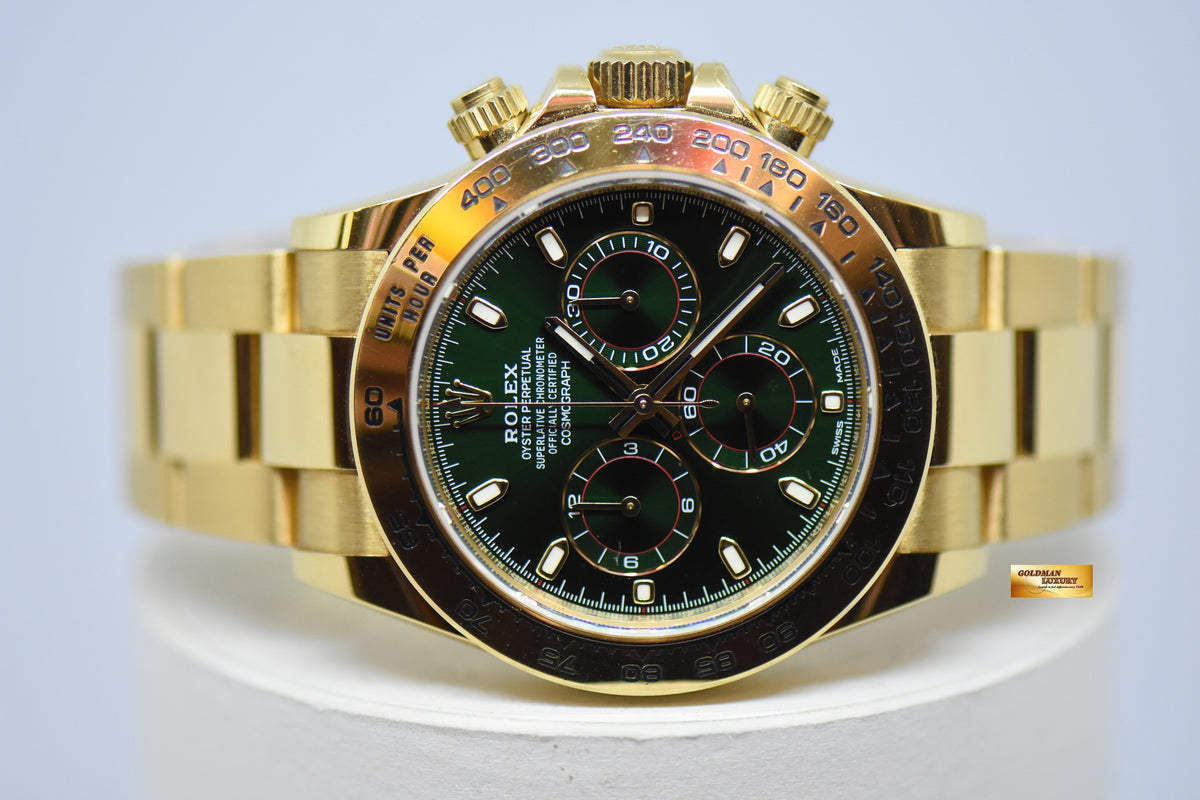 [SOLD] ROLEX OYSTER PERPETUAL DAYTONA CHRONOGRAPH 40mm GOLD IN BRACELET EMERALD GREEN DIAL 116508 (UNPOLISHED SET)