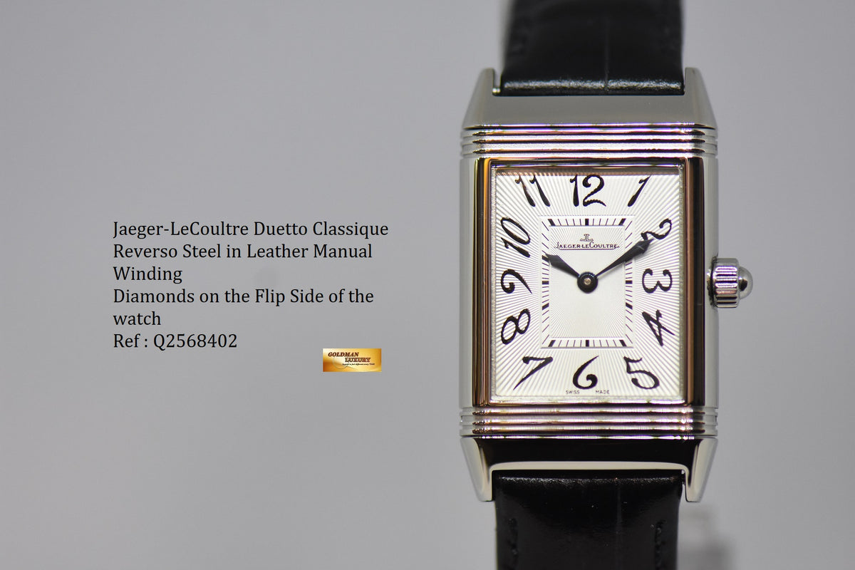 [SOLD] JLC DUETTO CLASSIQUE REVERSO STEEL IN LEATHER DIAMONDS ON FLIP SIDE MANUAL WINDING Q2568402 (MINT)