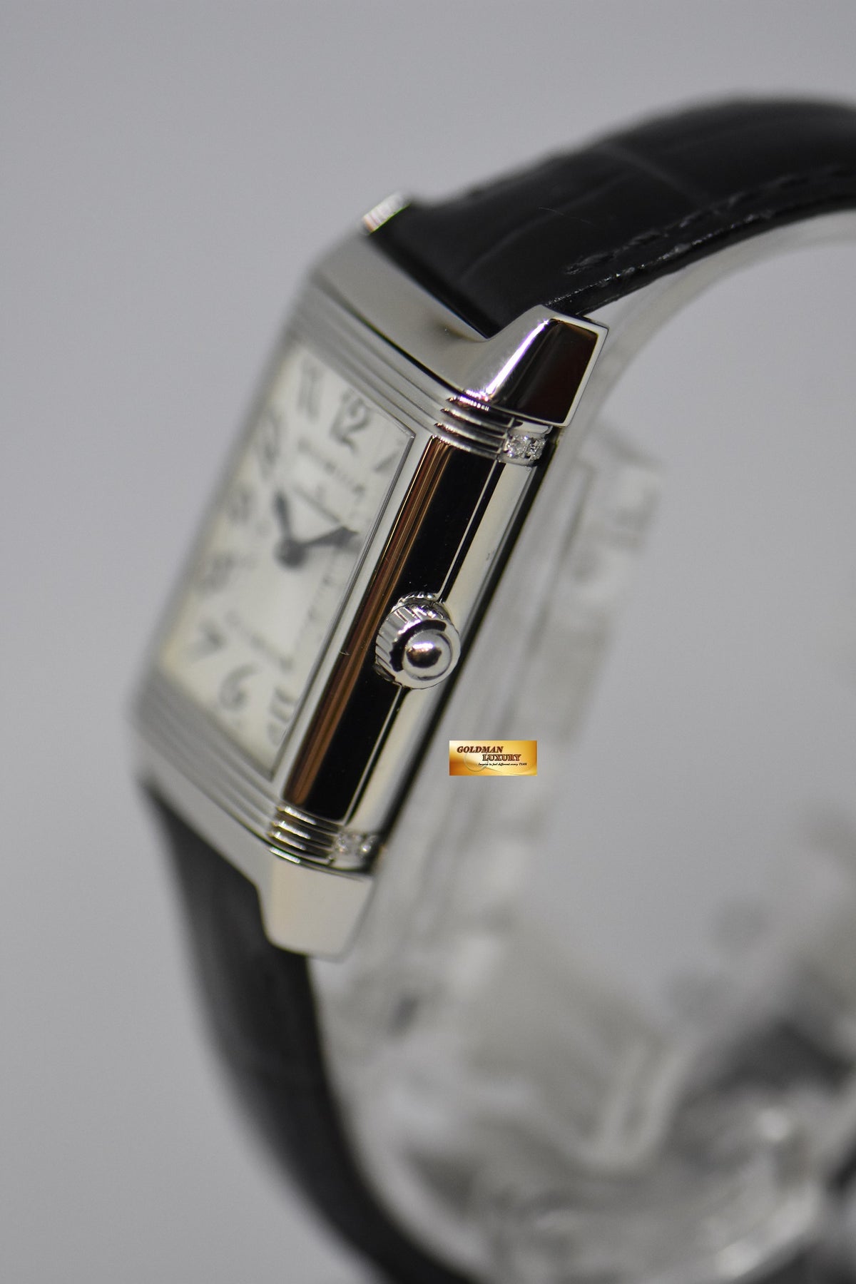 [SOLD] JLC DUETTO CLASSIQUE REVERSO STEEL IN LEATHER DIAMONDS ON FLIP SIDE MANUAL WINDING Q2568402 (MINT)