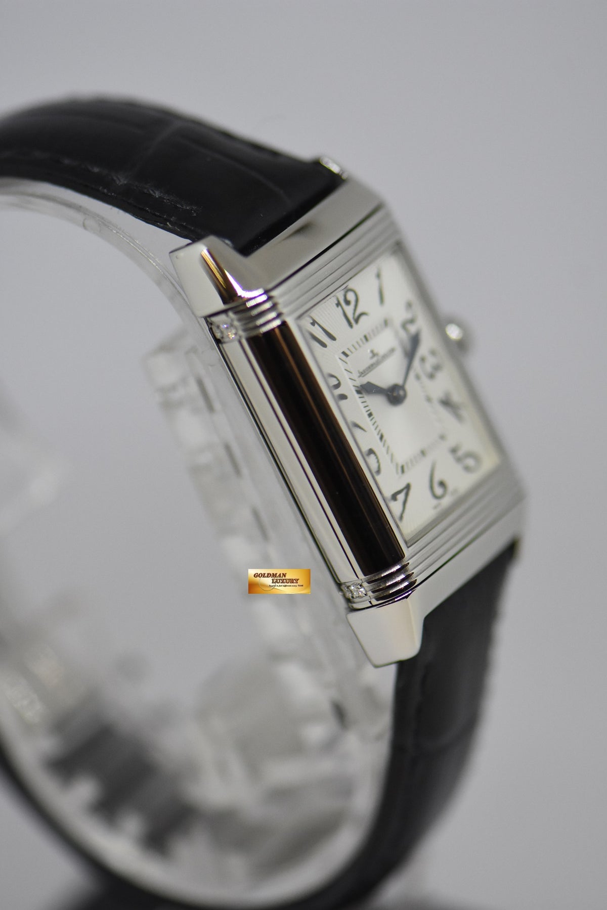 [SOLD] JLC DUETTO CLASSIQUE REVERSO STEEL IN LEATHER DIAMONDS ON FLIP SIDE MANUAL WINDING Q2568402 (MINT)