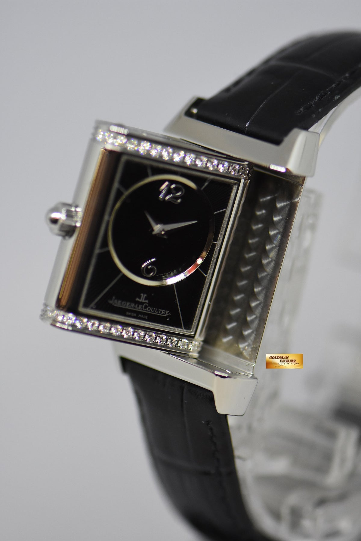 [SOLD] JLC DUETTO CLASSIQUE REVERSO STEEL IN LEATHER DIAMONDS ON FLIP SIDE MANUAL WINDING Q2568402 (MINT)