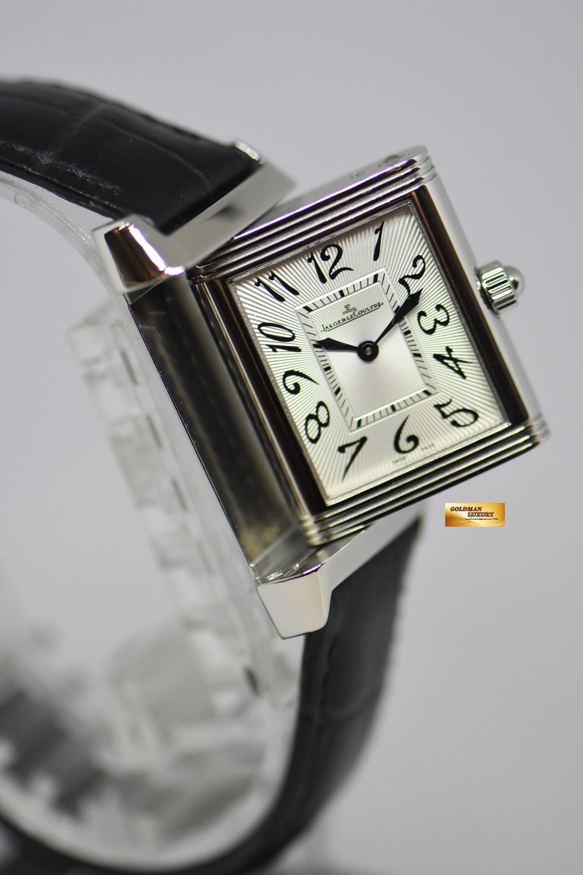 [SOLD] JLC DUETTO CLASSIQUE REVERSO STEEL IN LEATHER DIAMONDS ON FLIP SIDE MANUAL WINDING Q2568402 (MINT)