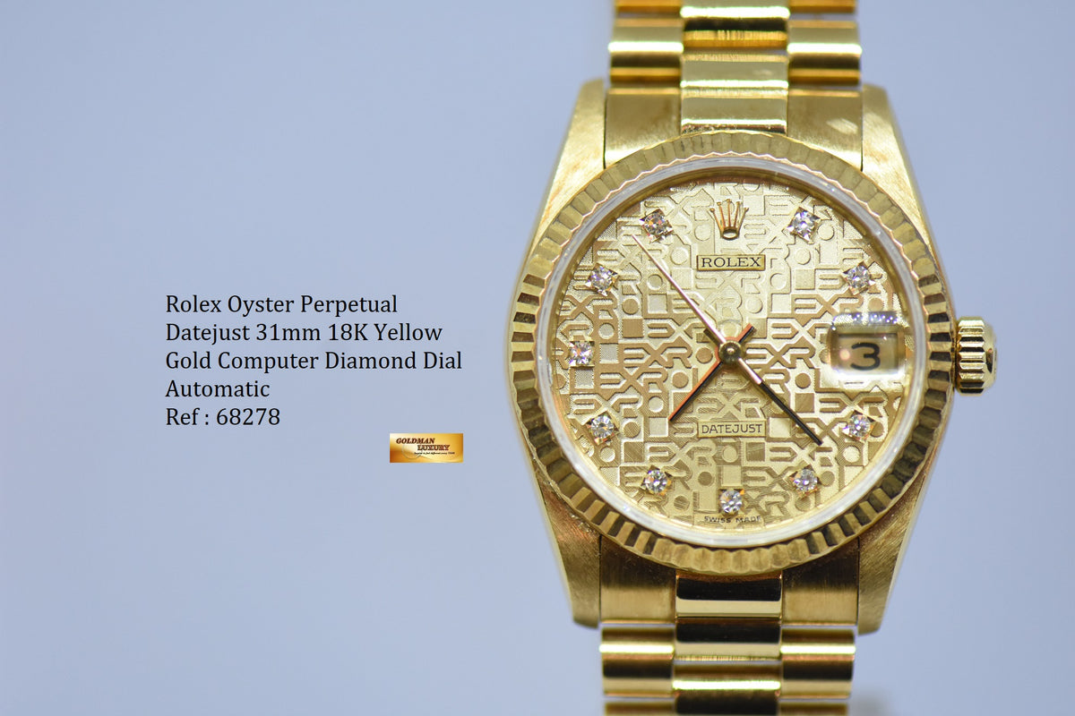 [SOLD] ROLEX OYSTER PERPETUAL DATEJUST 31mm GOLD DIAMOND COMPUTER DIAL 68278 (MINT)