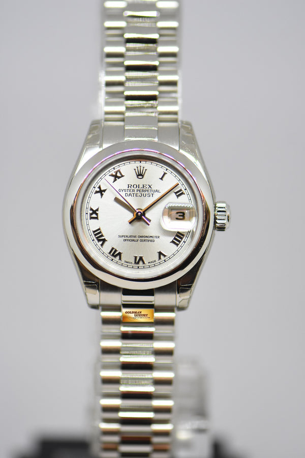 ROLEX OYSTER PERPETUAL DATEJUST LADIES 26mm PLATINUM IN BRACELET SILVER ROMAN DIAL 179166 (MINT) (STICKERS STILL INTACT)