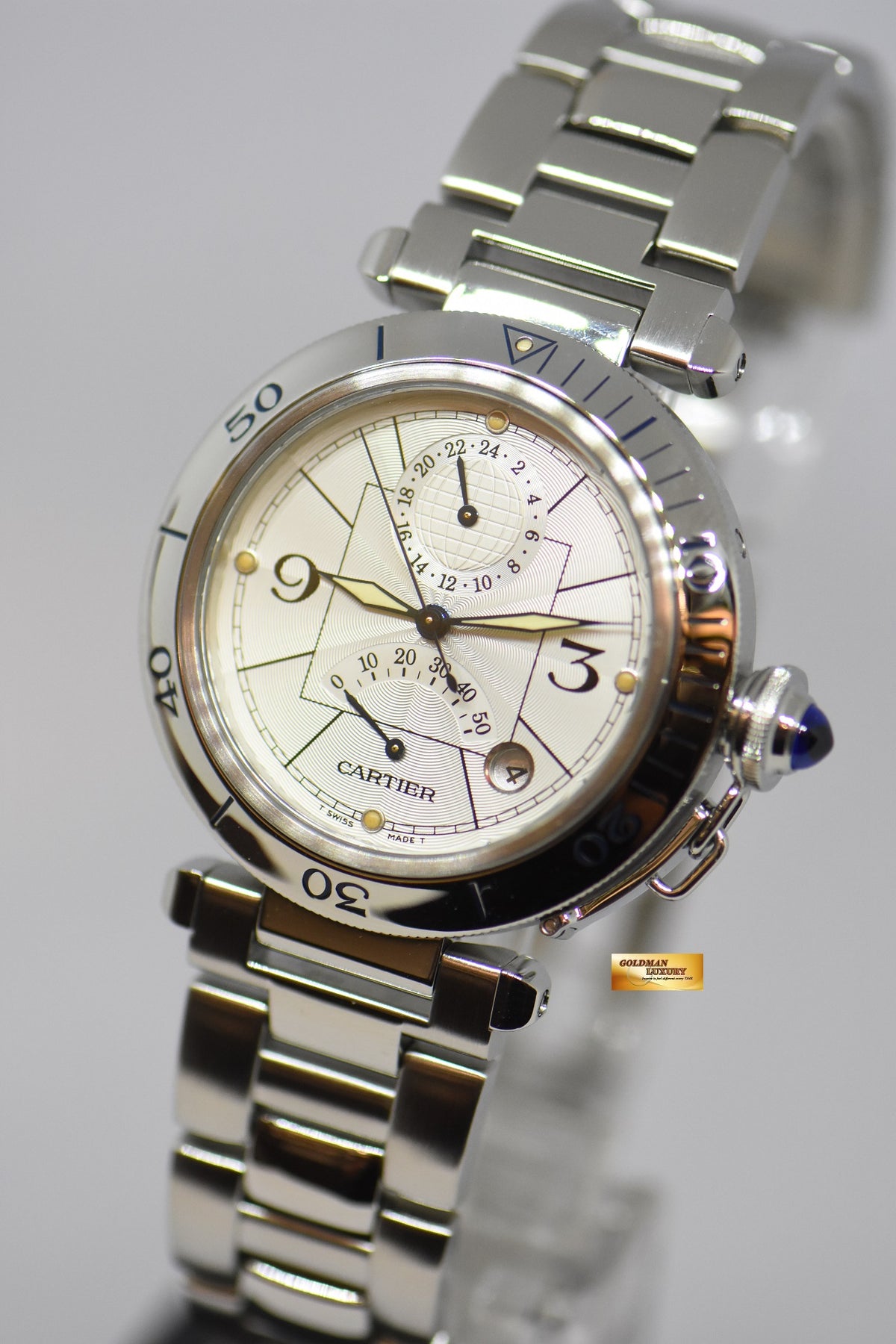 [SOLD] CARTIER PASHA GMT POWER RESERVE 38mm STEEL IN BRACELET AUTOMATIC 2388 (NEAR MINT)