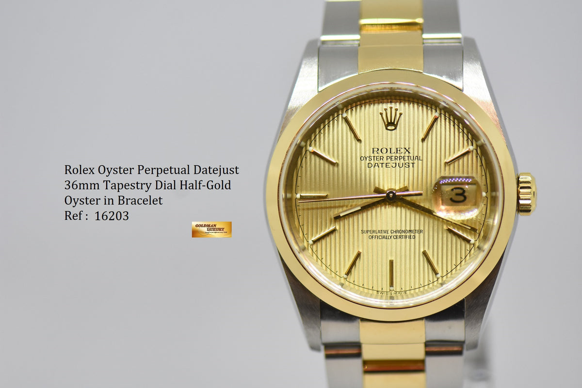 [SOLD] ROLEX OYSTER DATEJUST 36mm GOLD TAPESTRY DIAL HALF-GOLD OYSTER BRACELET AUTOMATIC 16203 (MINT)