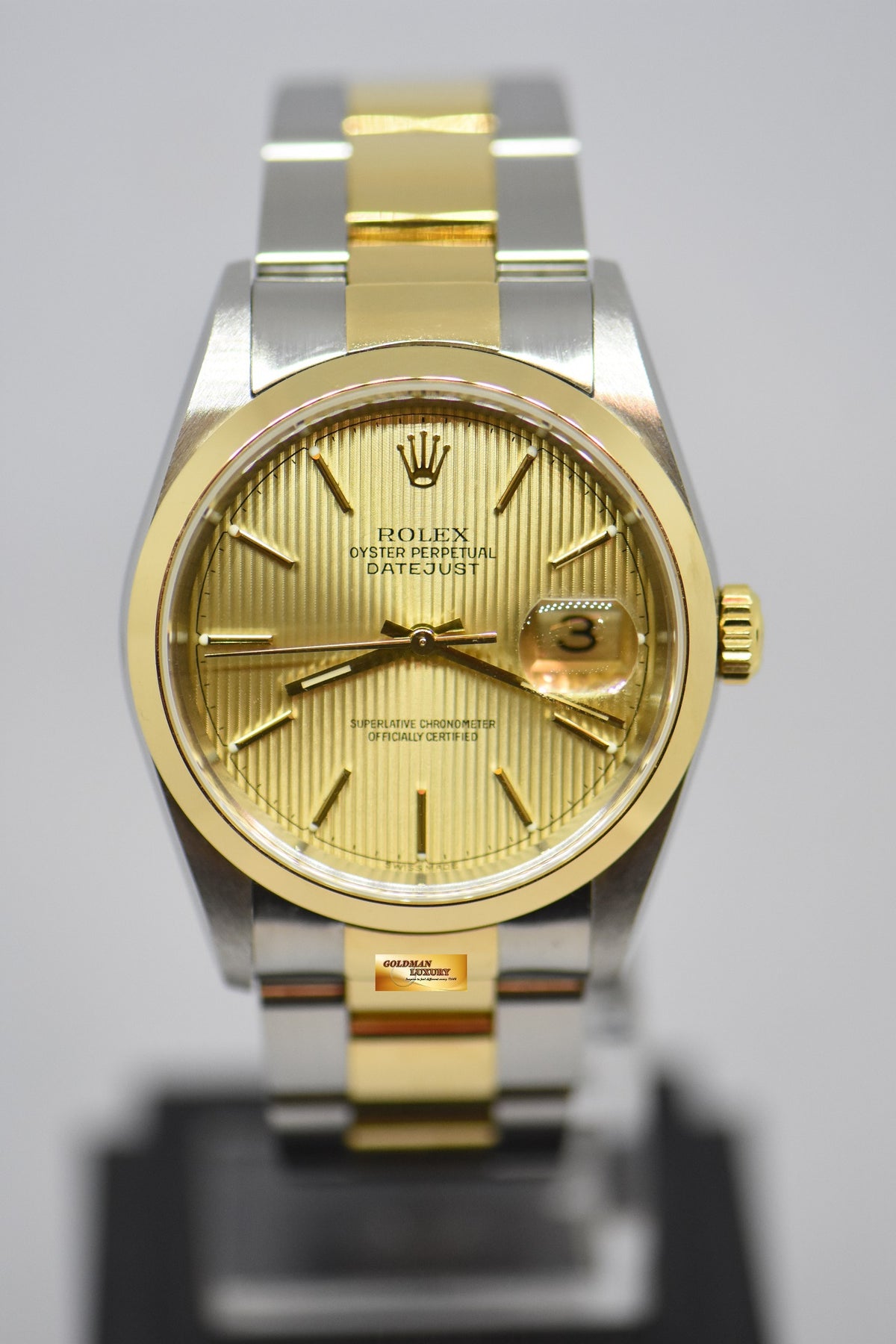 [SOLD] ROLEX OYSTER DATEJUST 36mm GOLD TAPESTRY DIAL HALF-GOLD OYSTER BRACELET AUTOMATIC 16203 (MINT)