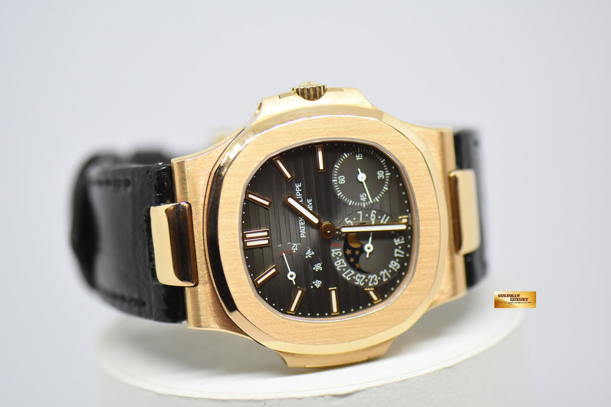 [SOLD] PATEK PHILIPPE NAUTILUS 18K ROSE GOLD IN LEATHER STRAP POWER RESERVE MOONPHASE 5712R (MINT)